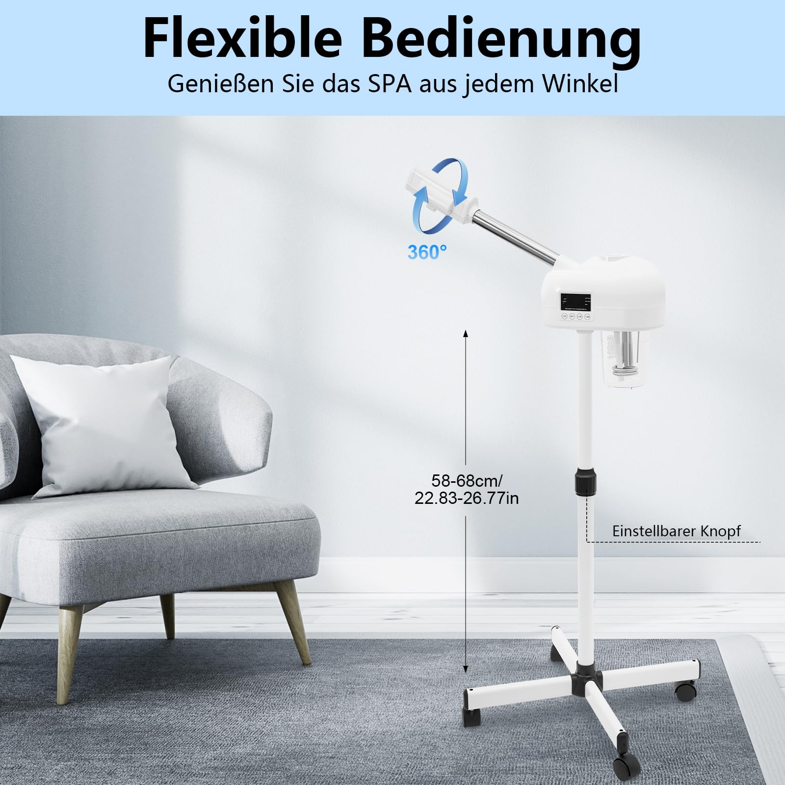 Gesichtsdampfer 360° Ozon Bedampfer Höhenverstellbar Porenreiniger Kosmetik Dampfgerät mit Timer und Heißer Sprühmodus Funktionen Gesichtssauna Verdampfe