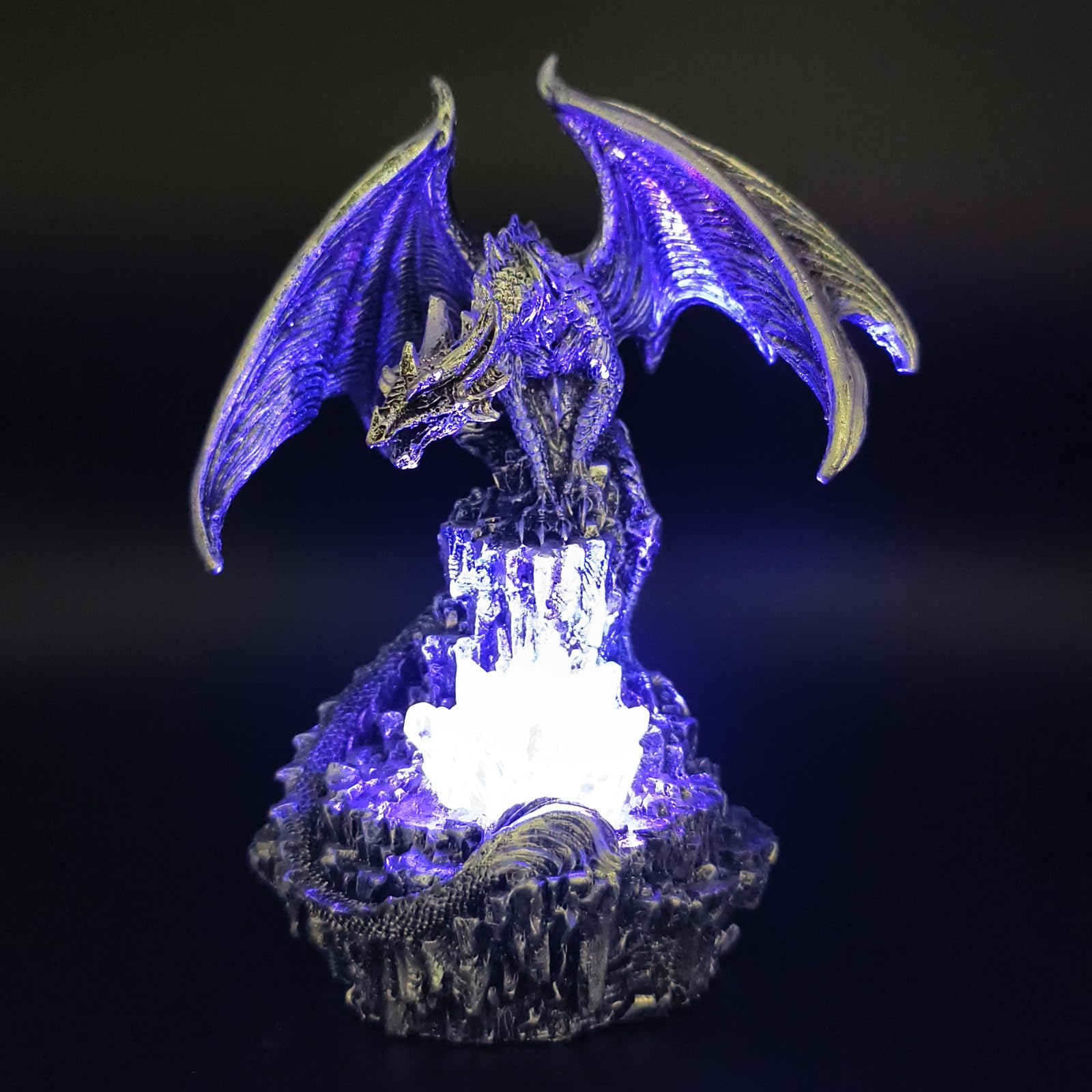 Statua decorativa a forma di drago in finto cristallo, con luci a LED, per libreria, idea regalo per gli amanti dei draghi (argento)