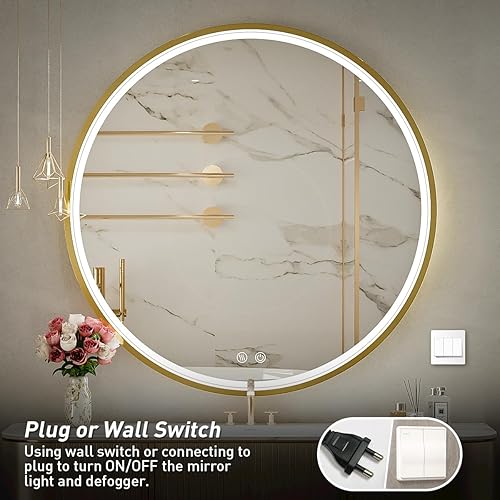Miniatura 6 de Espejo LED redondo de baño de 32", espejo de tocador antiempañamiento regulable con control táctil, luz natural de 6000K, marco de metal dorado,