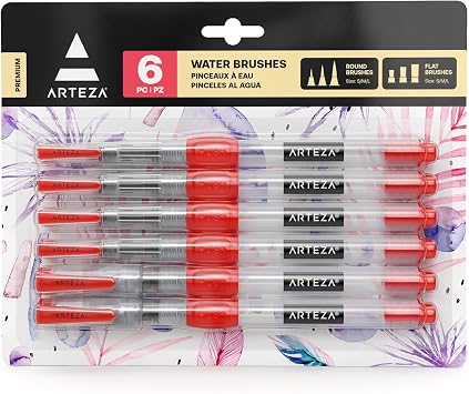 Arteza Water Brush Pens, Set of 6, with Assorted Soft Nylon Bristle Tip Sizes, Self-Moistening Water Color Paint Pens for Aquarelle, Ink, and Watercolor Painting