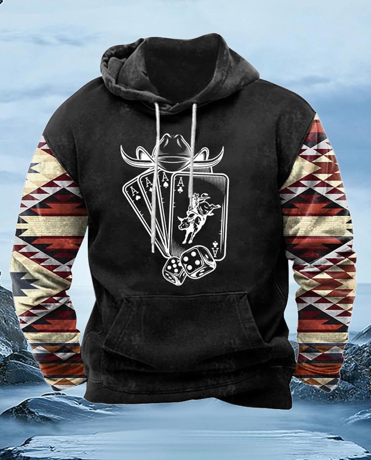 Western Hoodie for Men Aztec Cowboy Printed Drawstring Pullover Hooded Sweatshirt Mens Comfy Fleece Sweatshirt - Image 6