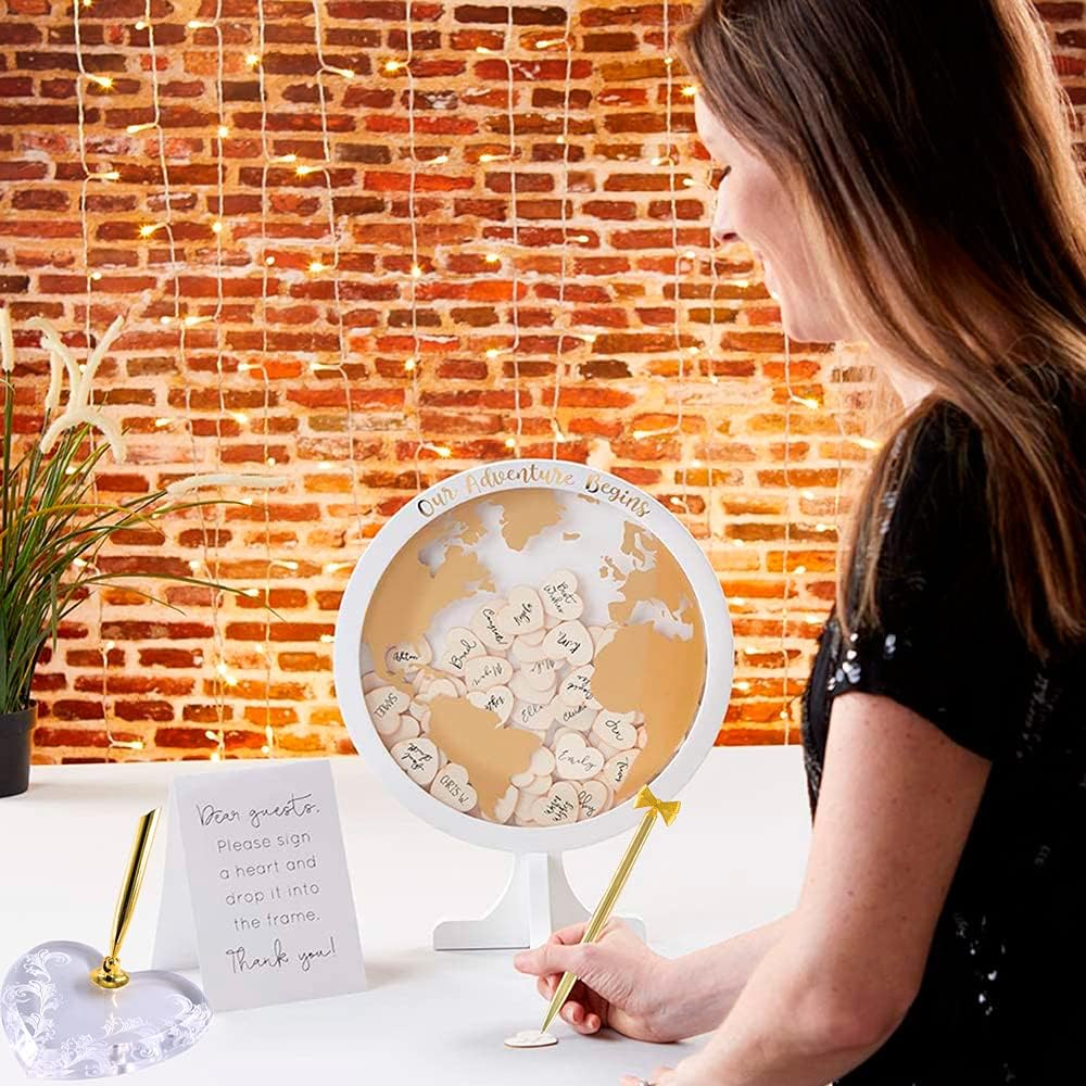 Gold Bow Signing Pen and Acrylic Heart Holder for Wedding Bridal Guest Sign in Anniversary Engagement Ceremony Birthday Party Graduation Office Guest Book Ballpoint Pen Reception