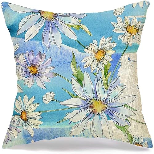 Pillow Cover Decorative Pillowcase Daisy Floral Blue Textile Botanical Print Meadow Flower Wild Spring Watercolor Textures Holidays Linen