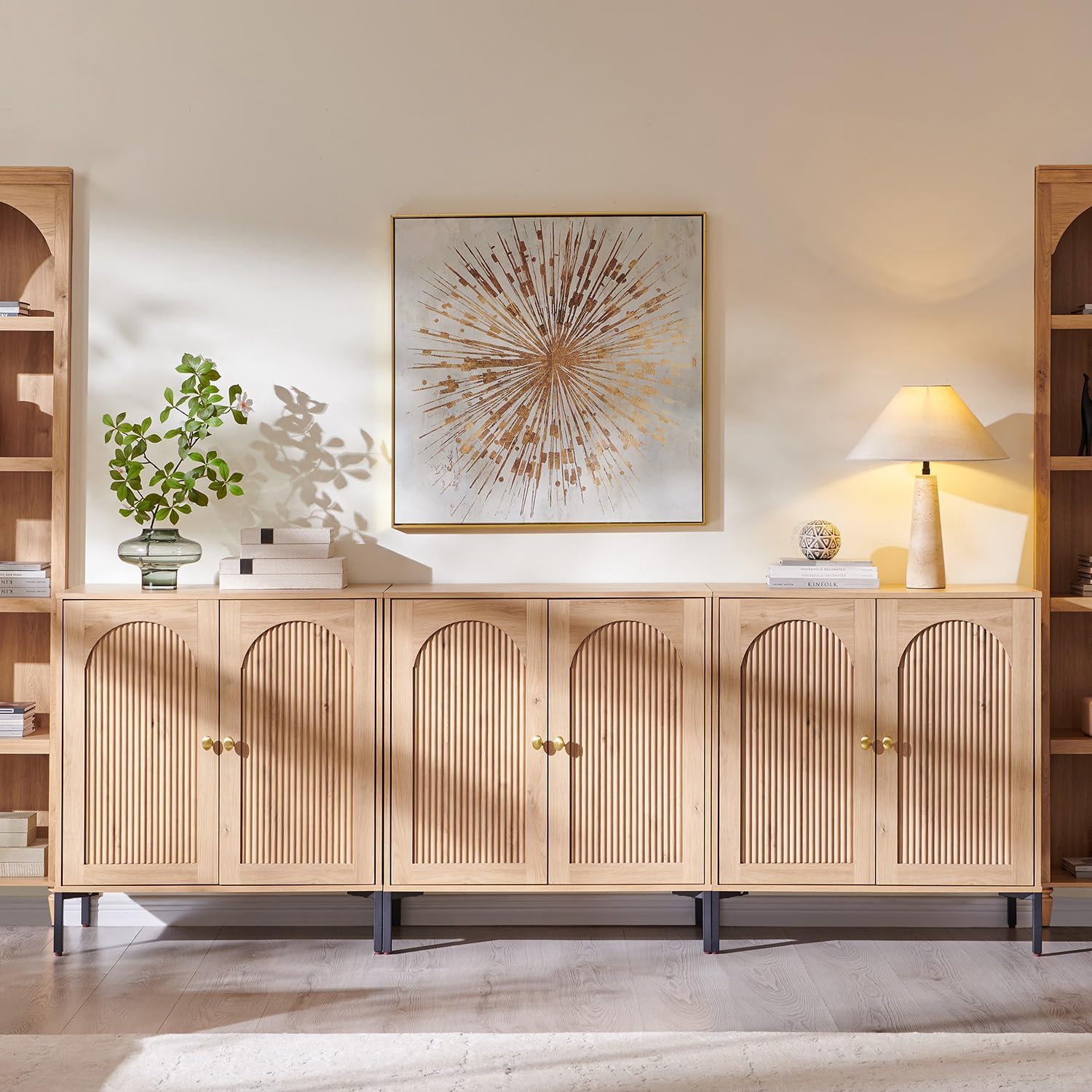 IFGET Modern Fluted Arched Buffet Cabinet 92.63" Wide Modular Sideboard with Adjustable Shelves, Natural Wood Storage Credenza for Dining Kitchen Living Room