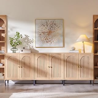 IFGET 92.63" Fluted Arched Buffet Cabinet Set of 3 - Modern Sideboard with Adjustable Shelves, Natural Wood Storage for Dining Kitchen Living Room