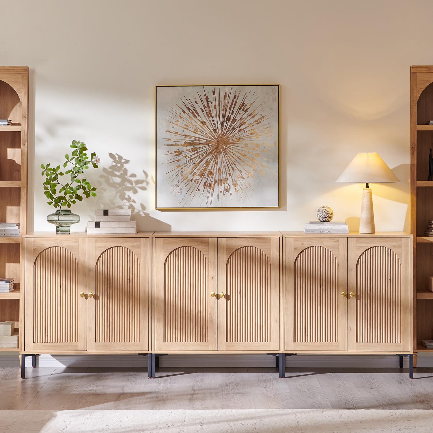 IFGET Modern Buffet Cabinet with Storage, 92.63" W Fluted Arched Sideboard Cabinet w/Adjustable Shelves, Wooden Modular Coffee Bar for Dining Room, Kitchen, Living Room, Entryway, Natural