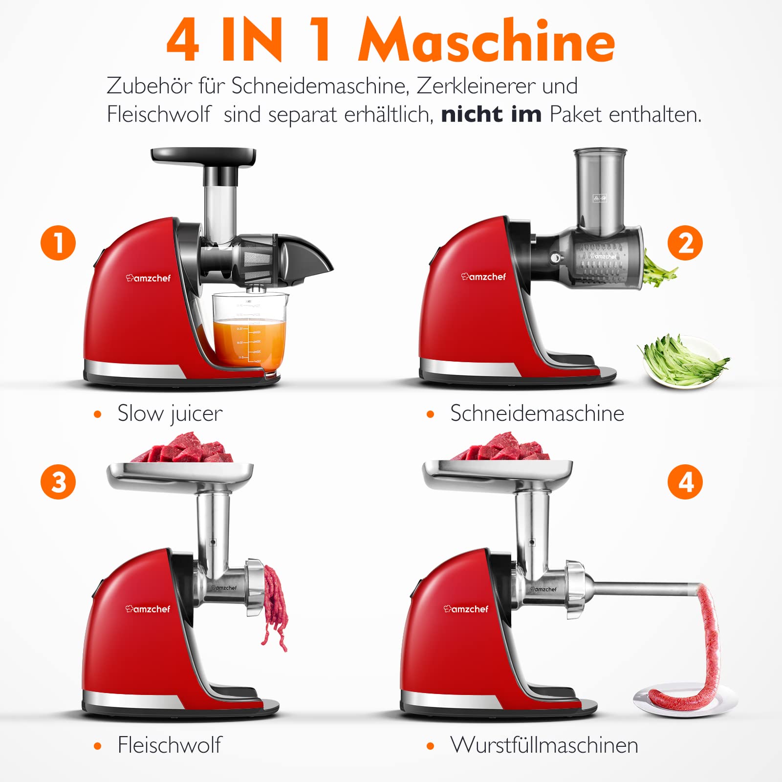 Amzchef Entsafter Gemüse und Obst Testsieger - Entsafter Slow Juicer mit Rückwärts-Kau-Funktion - Zartes Zerkleinern ohne Filtern - Saftpresse Elektrisch mit Bürste und 2 Tassen - Kirschenrot – Bild 6
