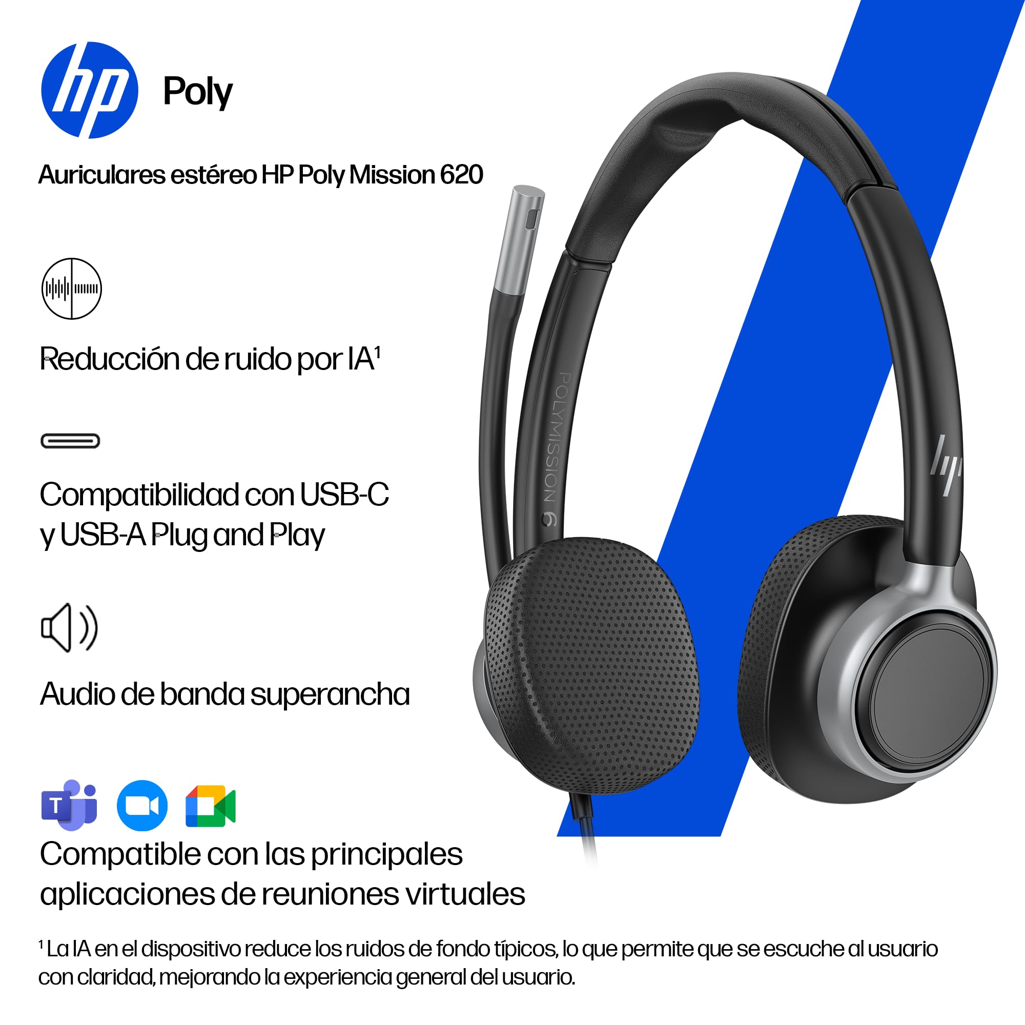 HP Poly Mission 620 Auricular USB-C Estéreo Profesional para Uso Diario Intensivo, Micrófono con Cancelación de Ruido con IA, Indicador de Llamada en Uso, Comodidad Todo el Día, PC y Mac