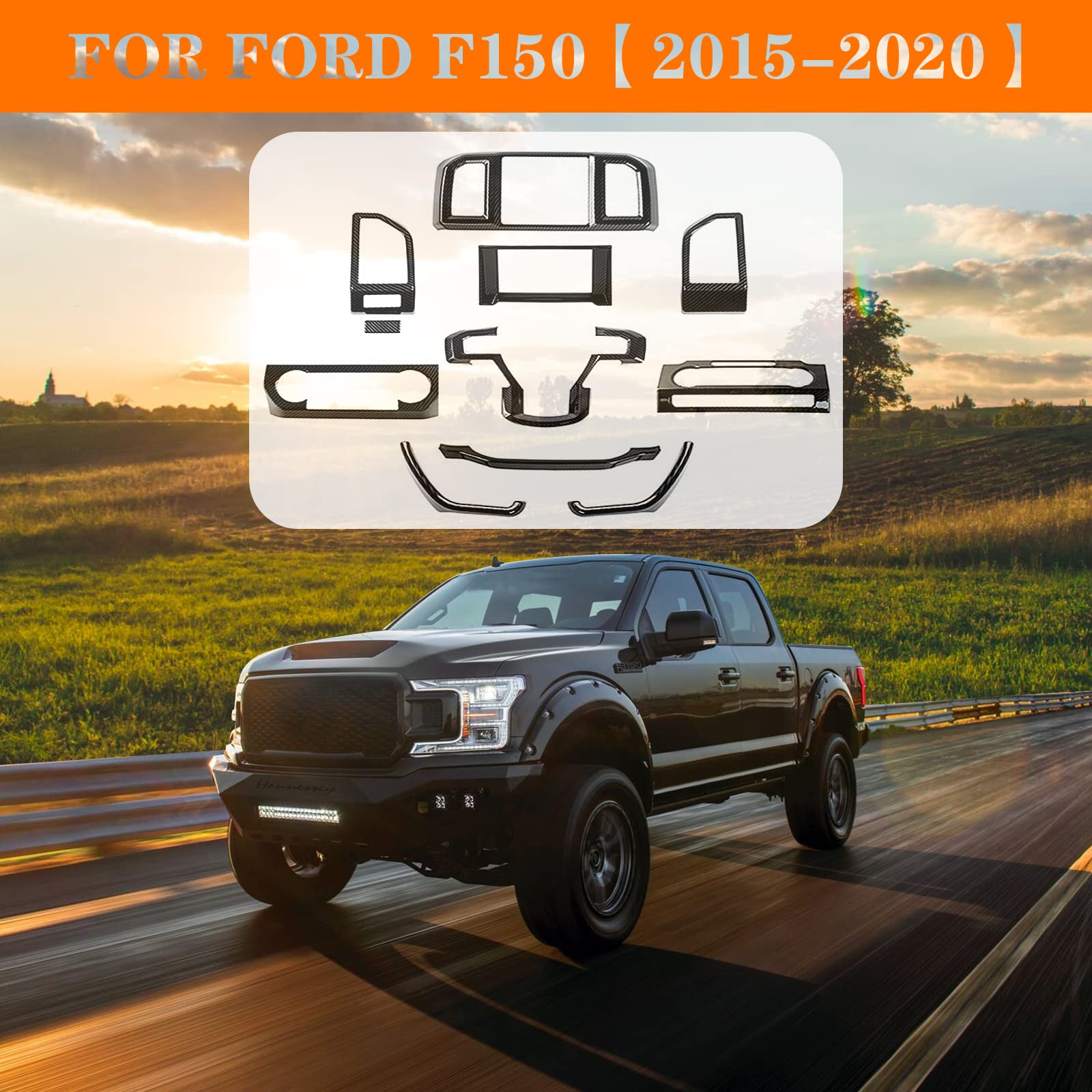 Hoolcar Wewnętrzna konsola środkowa deska rozdzielcza nawigacja zestaw osłony ABS akcesoria do Ford F150 2015-2020, włókno węglowe