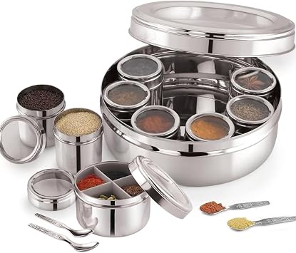 Master Flame Premium Stainless Steel Masala Box, 12-in-1 Kitchen Spice Container with See-through Lids, 2.5L Capacity, Silver, 22.5cm Diameter, 4 Spoons Included Stainless Steel 12 IN 1 Masala Box