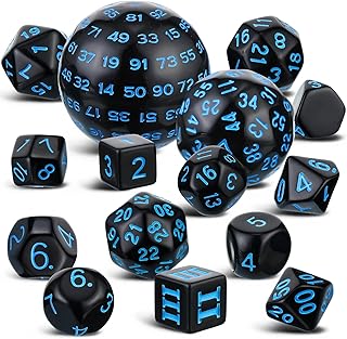 15 Pieces Complete Polyhedral Dice Set D3-D100 Spherical RPG Dice Set in Opaque Black, 100 Sides Dice Set for Role Playing Table Games Party Supplies (Black and Blue)
