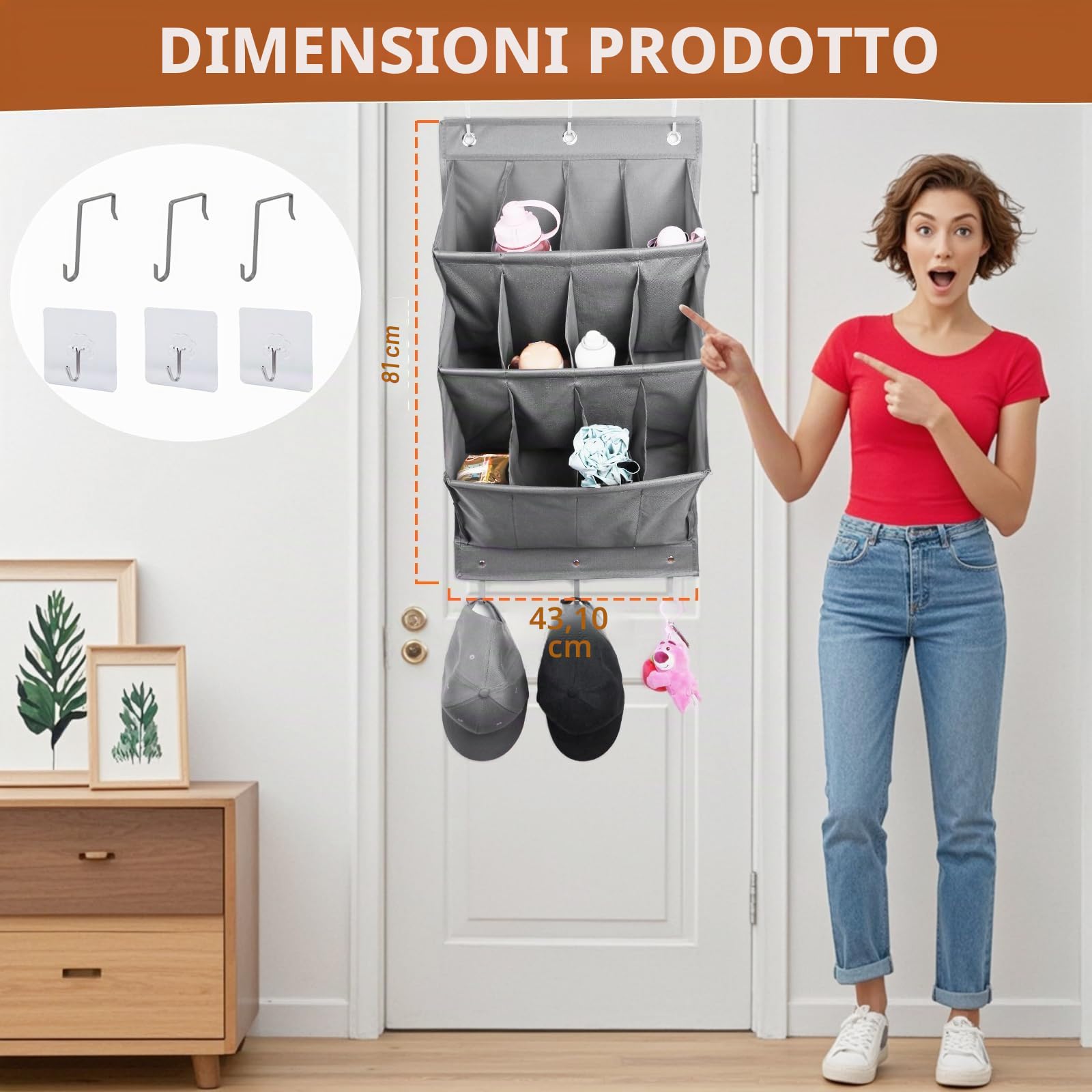 Organizer per scarpe da appendere, con gancio, porta scarpiera con 12 tasche profonde per armadio, organizer da appendere alla porta per campeggio, armadietto, dormitorio e camper, grigio