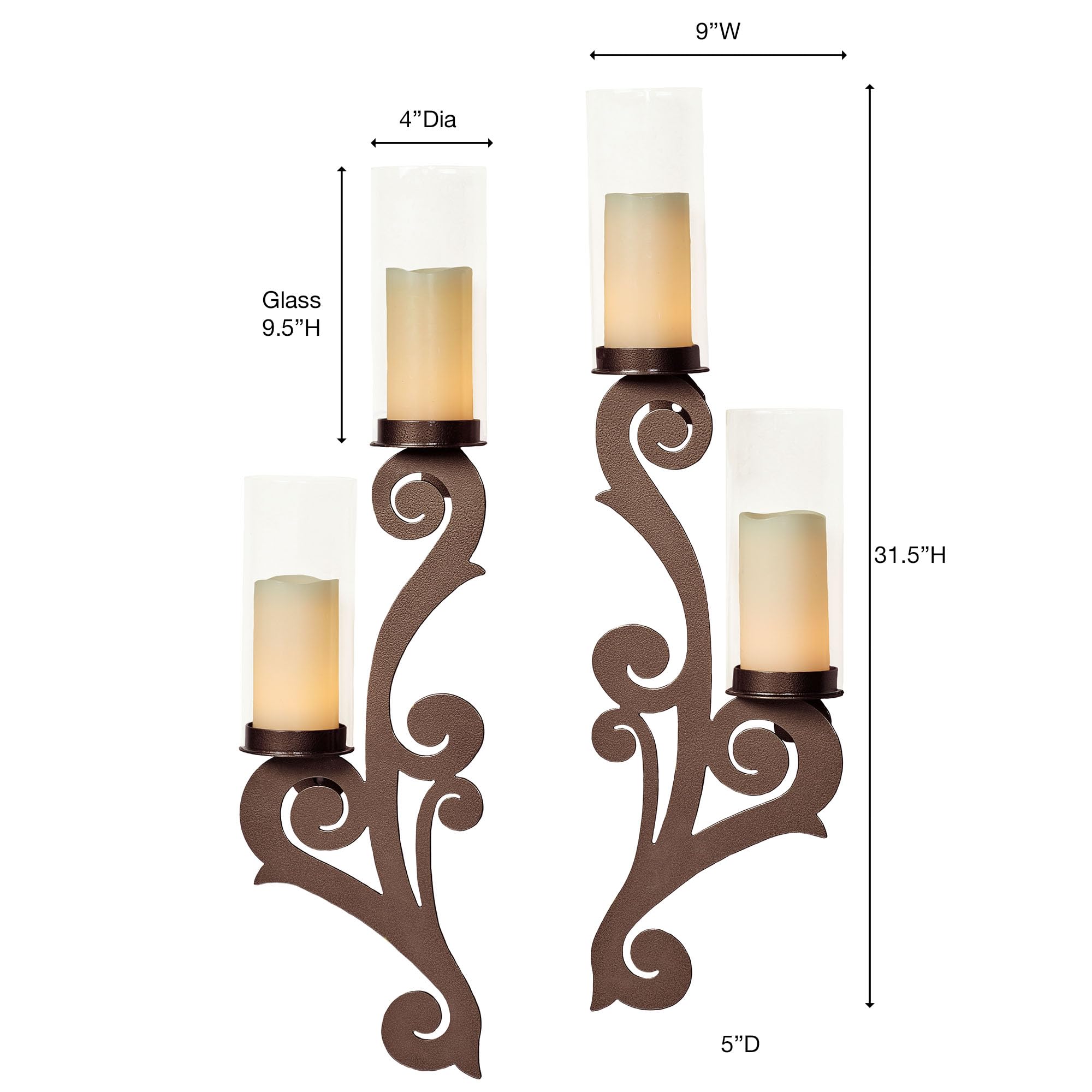 Augustine Scrollwork Bronze Candle Wall Sconce Pair | Metal Designs with Included Hurricane Style Glass Candleholder