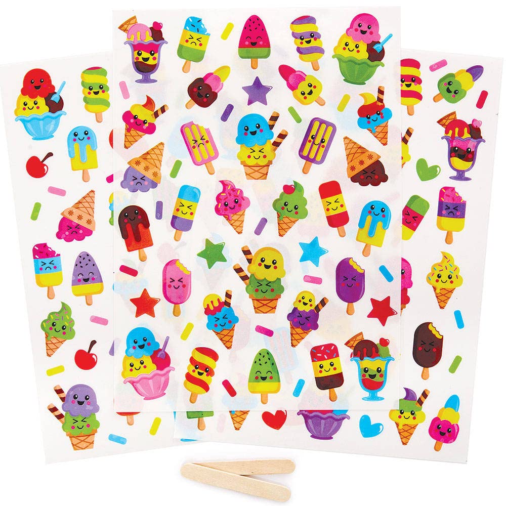 Baker Ross FC880 Ice Cream Rub-On Transfer Stickers - Pack of 150, Stickers, Kids Waterproof Crafts Stickers, Ceramic Wood and Paper Stickers