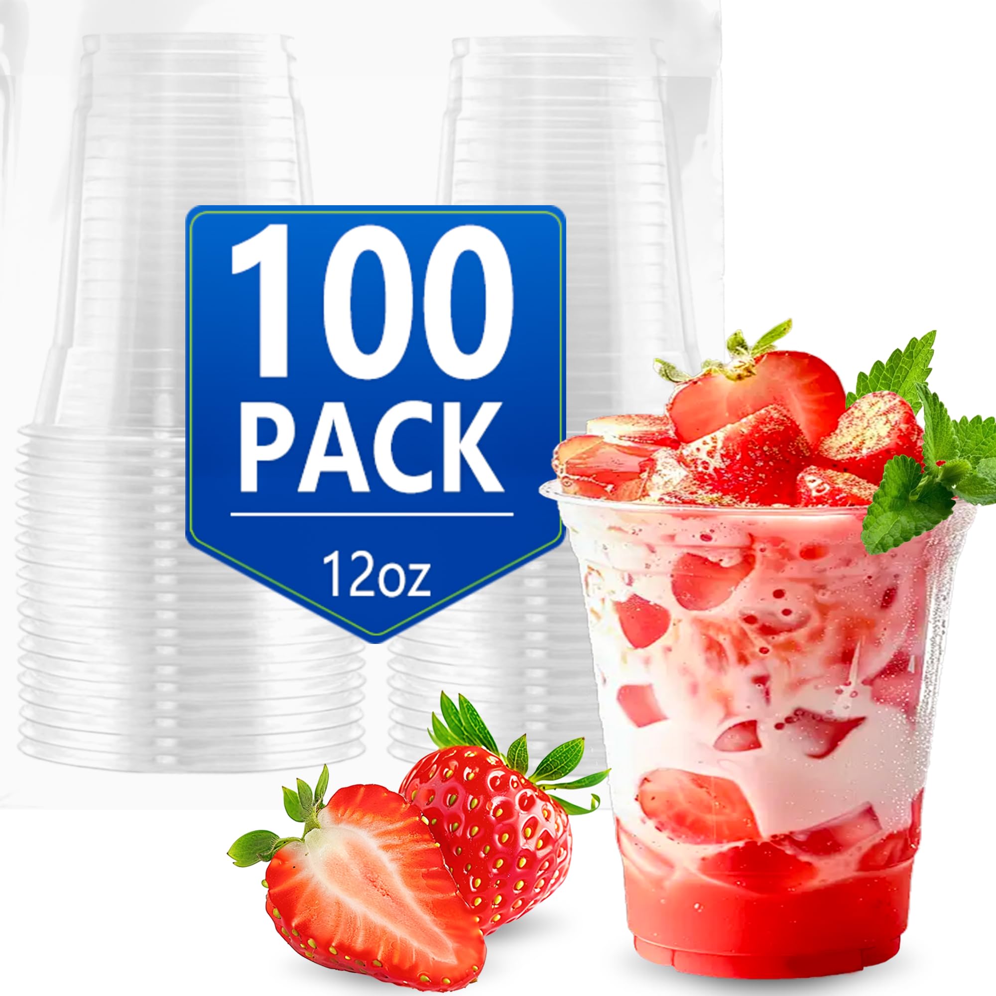 Ezselect 100 Pack Party Plastic cups 12oz Disposable PET Cup Bulk, Extra Thick Plastic Tumbler For Birthday, Happy Hour, Wedding Cups, Clear Cold