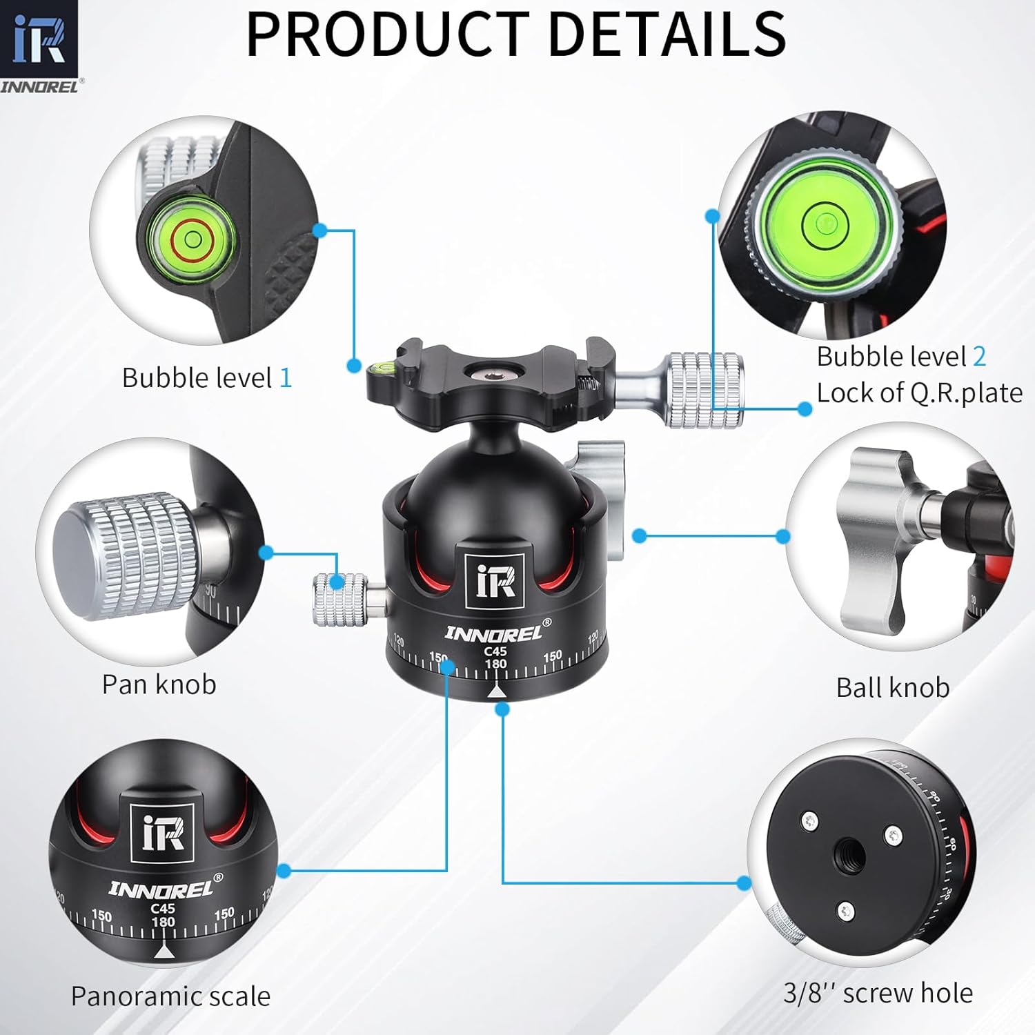 INNOREL C45 Low Profile Tripod Ball Head Universal 360 Panoramic Metal BallHead for DSLR Camera Tripod Monopod Camcorder Slider with Arca Swiss Plate 45mm Ball with 1/4" to 3/8" Screw Load 55.1lb/25kg