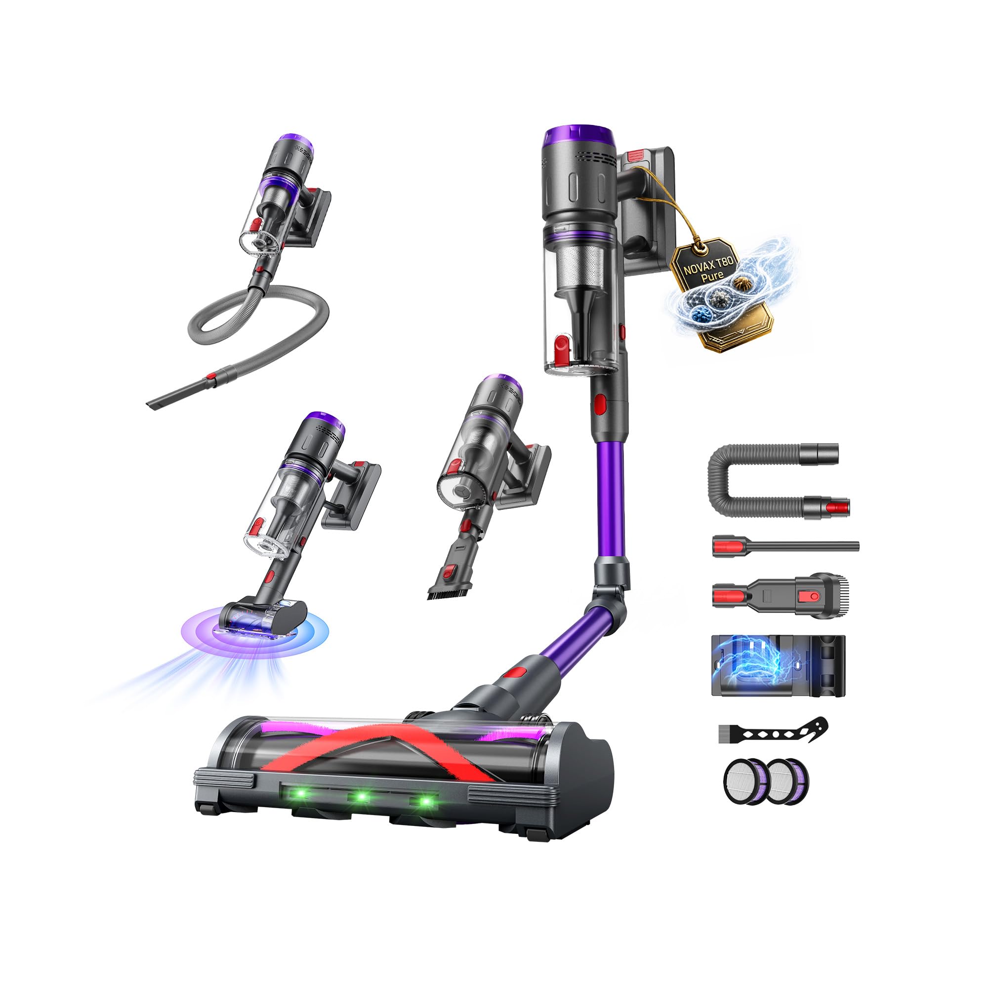 Circlio Aspirapolvere Senza Fili 600W/58kPa/75 Min, NOVAX T80 Pure, Scopa Elettrica Senza Fili con Tubo Piegabile, Aspirapolvere Senza Filo Antiacari per Materassi, per Tappeti/Pavimenti/Peli Animali