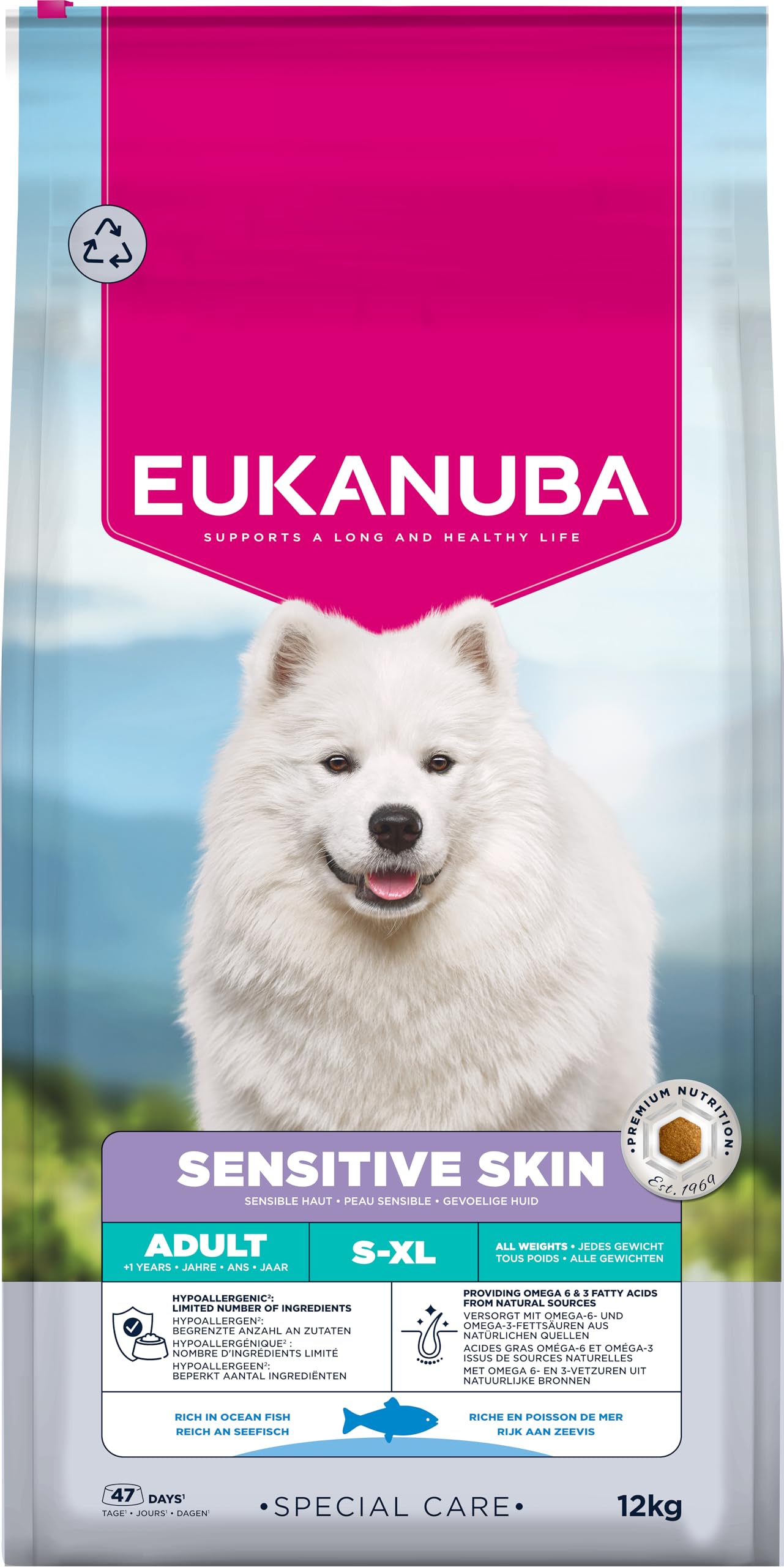 EUKANUBA Sensitive Skin Aliment pour Chiens au Poisson de mer - Aliment Sec Special Care hypoallergénique pour Chiens à Peau Sensible, 12 kg