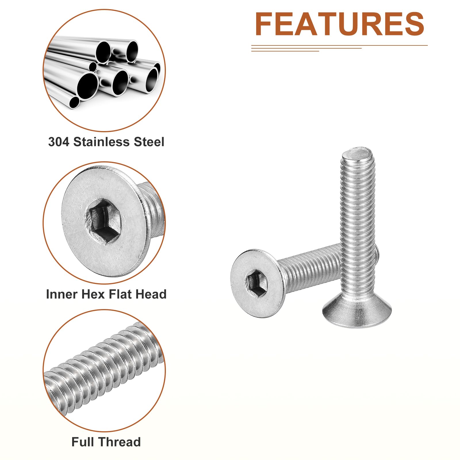 DTGN M5-0.8 x 25mm Flat Head Socket Cap Screws, 25 Pack 304 Stainless Steel Hex Socket Flat Head Screws, Full Thread, Countersunk Bolts - Image 4