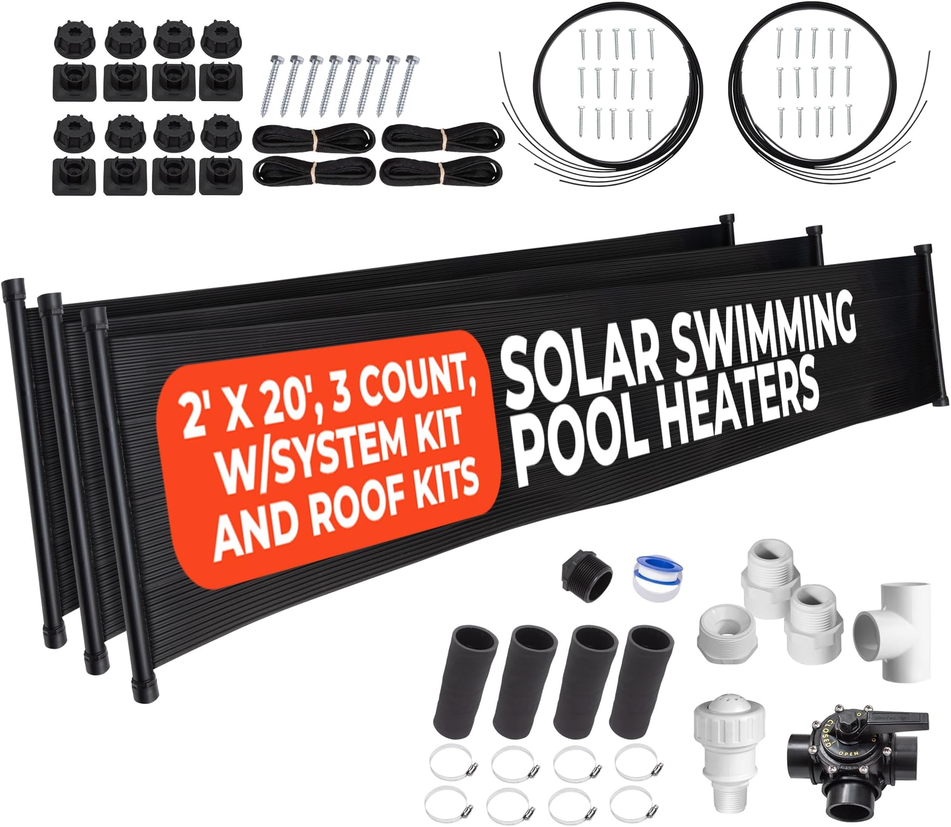 SunQuest Complete Pool Heater System - 3 (2ft x 20ft) Panels w/Bypass and Roof Kit - Solar Heater for Above Ground & Inground Swimming Pools - Tube on Web Design Panel-Polypropylene UV Resistant