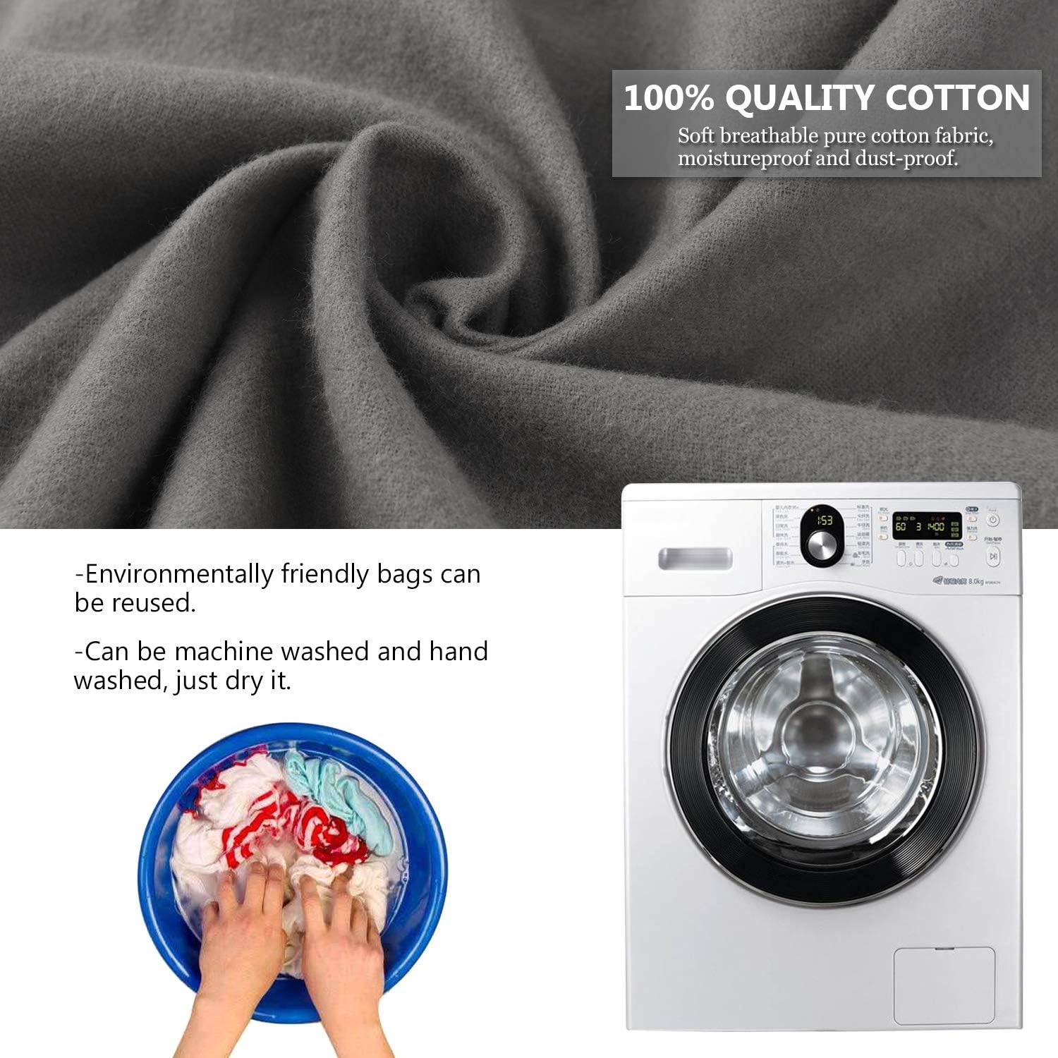 PlasMaller Dust Cover Storage Bags Purified 100% Cotton Flannel with Drawstring Pouch For Handbags Purses Pocketbooks Shoes Boots Set of 3 (Grey) - Image 6