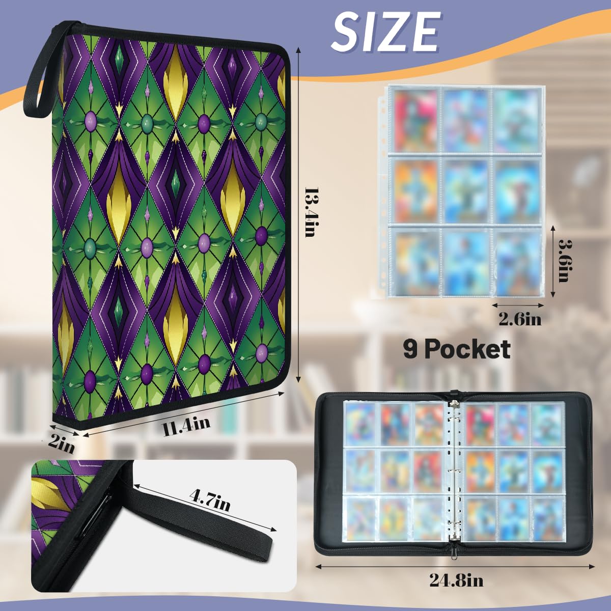 Classeur pour cartes à collectionner - 9 pochettes - Vert et violet - Mardi Gras - Avec pochettes amovibles - Étanche - Avec fermeture éclair - Capacité de 50 pages et 900 cartes