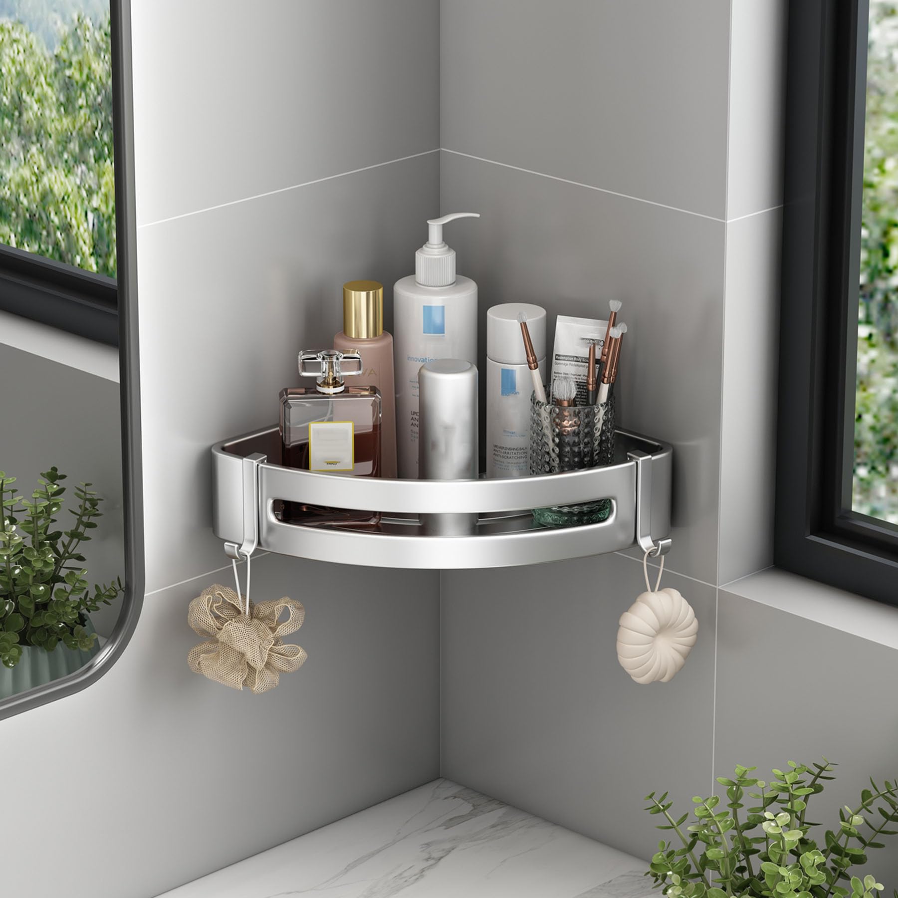SRURLLUG Adhesive Corner Hanging Shower Caddy No Drilling Bathroom Shower Storage with Hooks Large Capacity Rustproof Shower Shelves