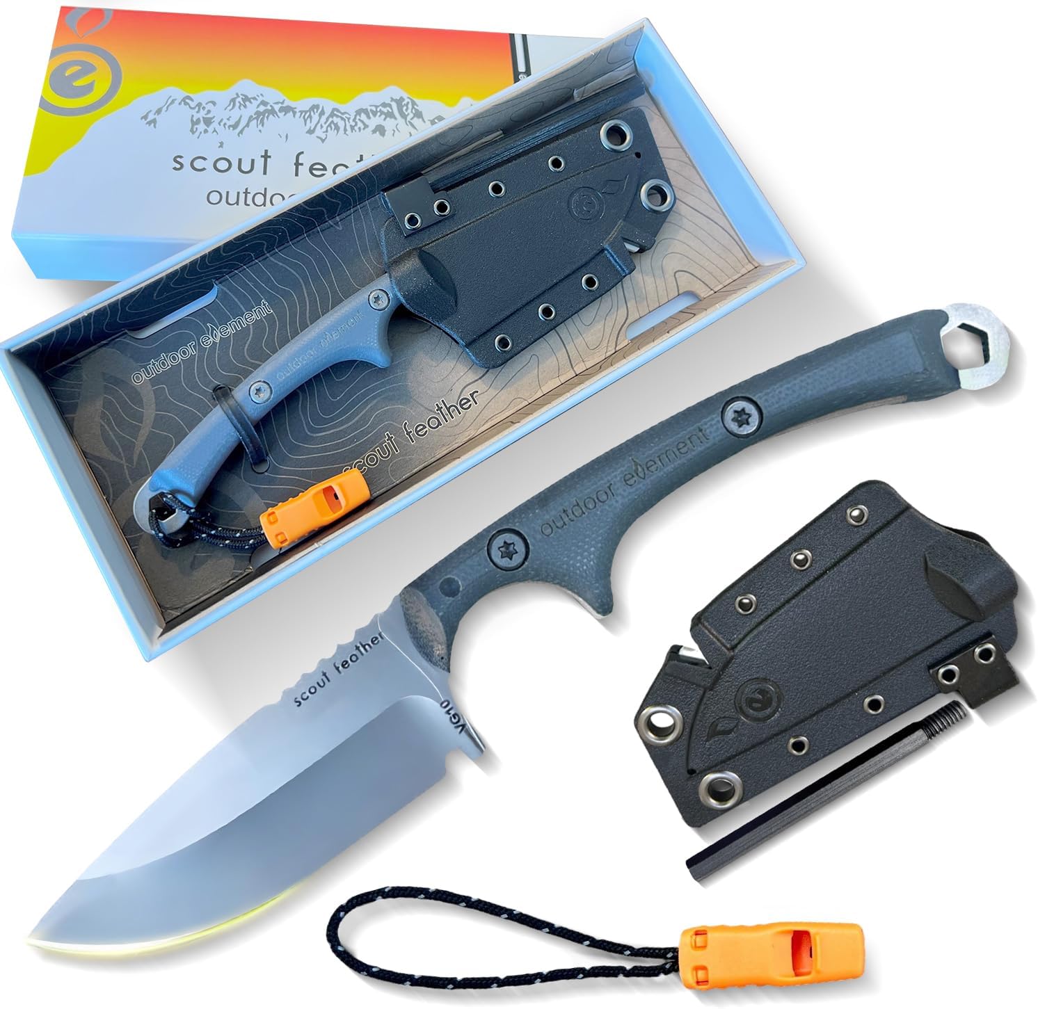 Scout Feather – Adventure Survival Knife – Full Tang, Ceramic Honing V Notch built into included Sheath, Hex Driver in Handle, 115dB Emergency Whistle, Replacable Ferro Rod Scout Feather – Adventure Survival Knife – Full Tang, Ceramic Honing V Notch built into included Sheath, Hex Driver in Handle, 115dB Emergency Whistle, Replacable Ferro Rod