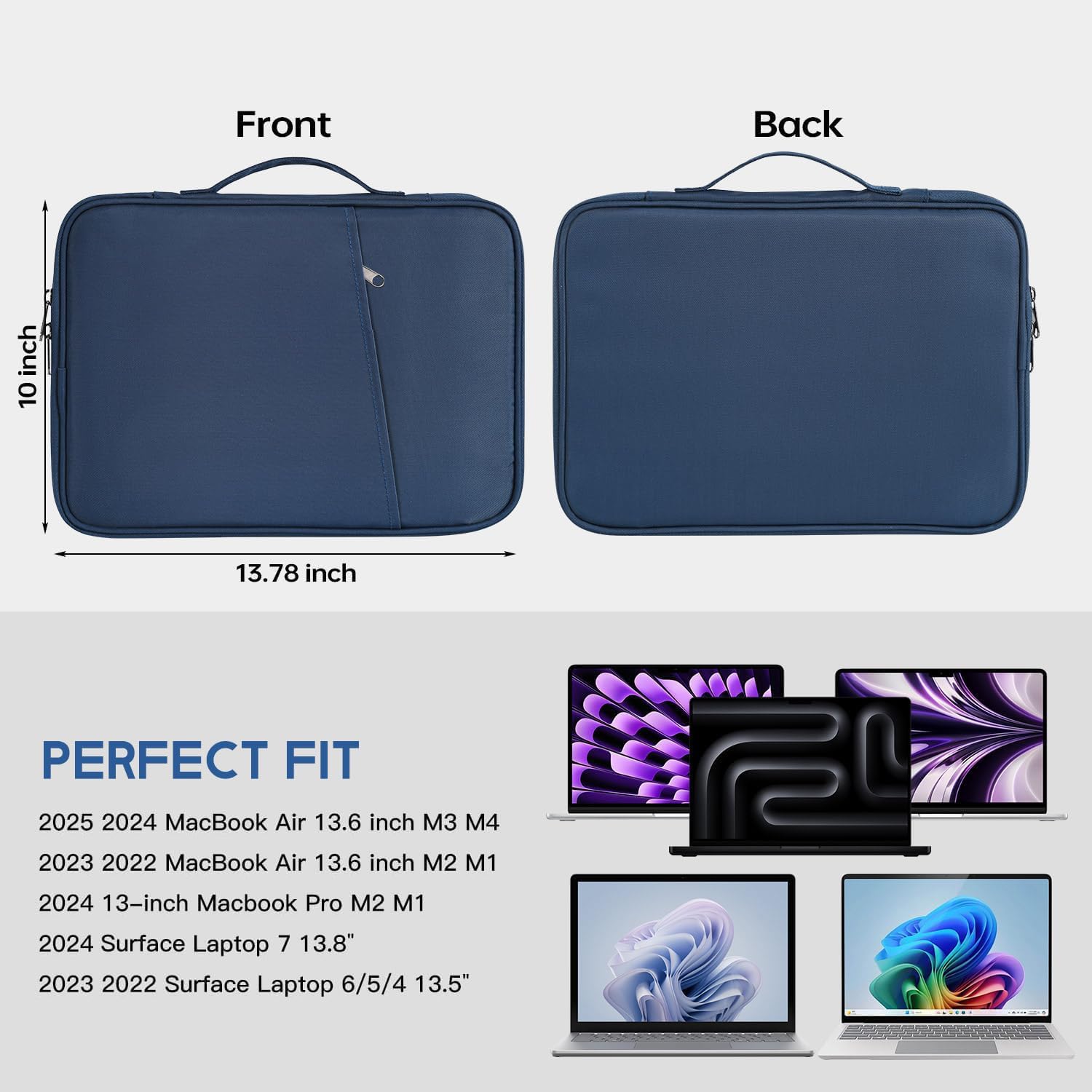 13 inch Laptop Case Sleeve for 2025-2022 MacBook Air 13 inch M4 M3 M2 A3240 A3113 A2681 Water-Resistant Shockproof Handle Bag Cover w/Accessory Pocket -Navy Blue - Image 2