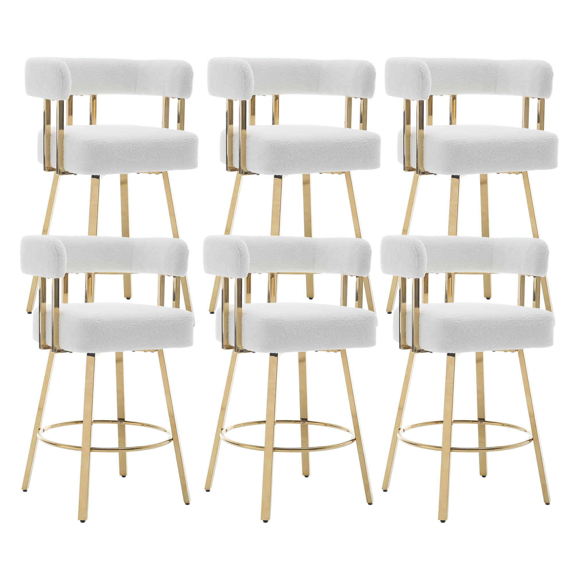 YITAI 27" H Counter Height Bar Chairs Set of 6, Modern Barrel Counter Bar Stools with Backrest and Arms, Gold Metal Legs, Teddy Velvet Upholstered Accent Barstools for Kitchen Island, White
