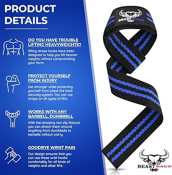 BEAST RAGE Weight Lifting Straps Fitness Padded Cotton Wrist Support Gel Advanced Grips Dumbbell Bar Wraps Heavy Duty Gym Bodybuilding Straps Power Deadlift Barbells Non Slip Exercise