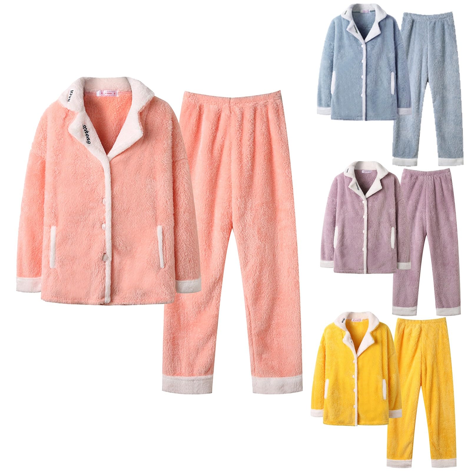 Pigiama in pile per le donne UK inverno caldo pigiama in pile set con scollo a V button down biancheria da notte a maniche lunghe con tasche super morbido loungewear 2 pezzi comodi indumenti da notte