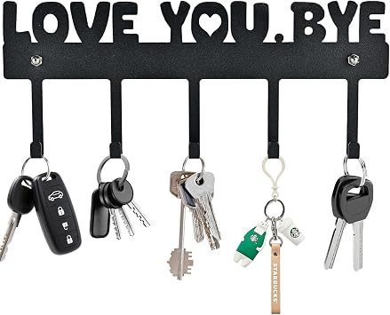 Key Holder Wall Mount, No Drill Adhesive, Black, 5 Hooks | Love You.Bye Entryway Organizer, Metal, 10x4 Inch, Screws Installation