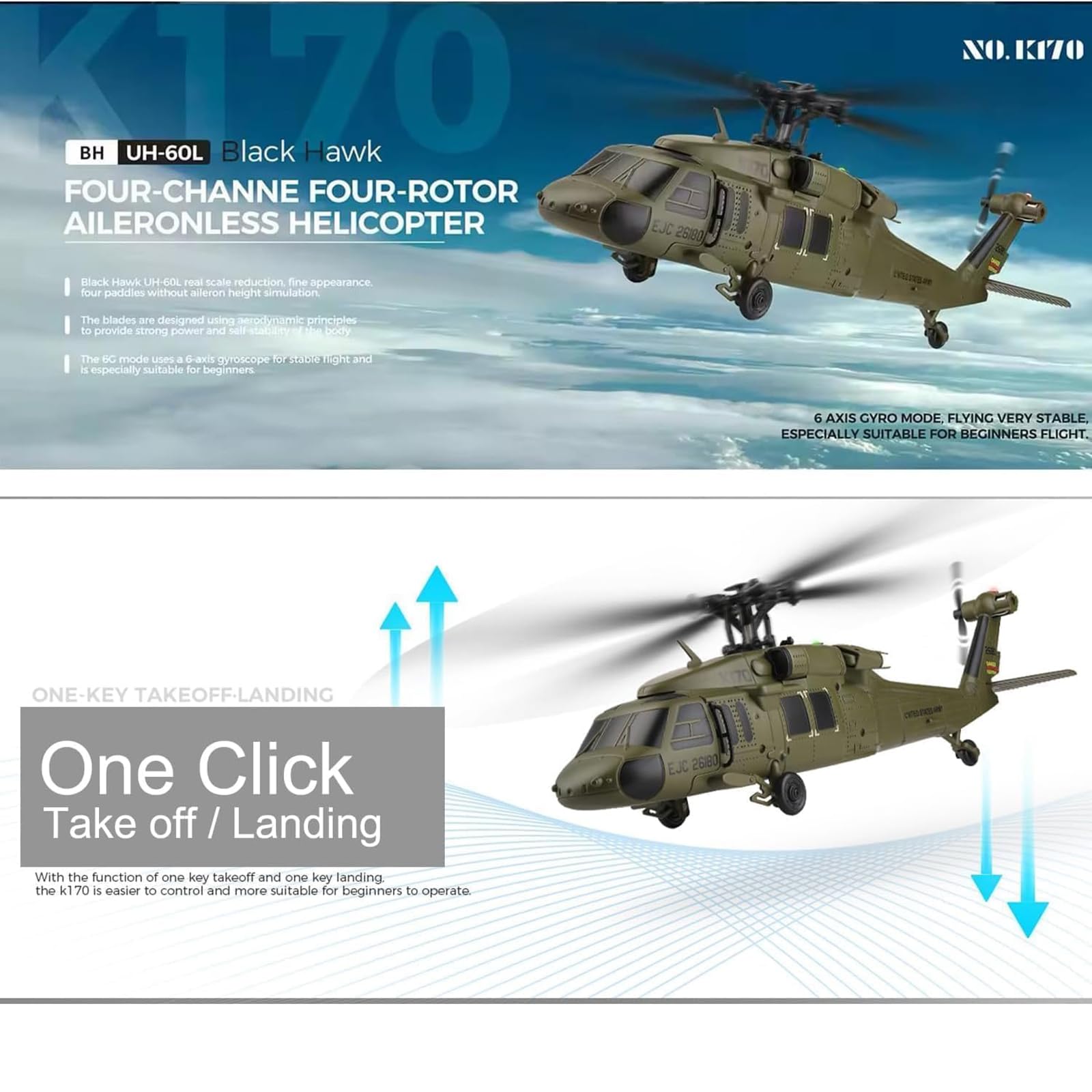 Generico Elicottero RC K170 UH60L per Adulti, Elicottero RC Militare con giroscopio a 6 Assi, Motore brushless, 2.4G 4CH, Volo stazionario in Quota con giroscopio per Adulti,1 Battery