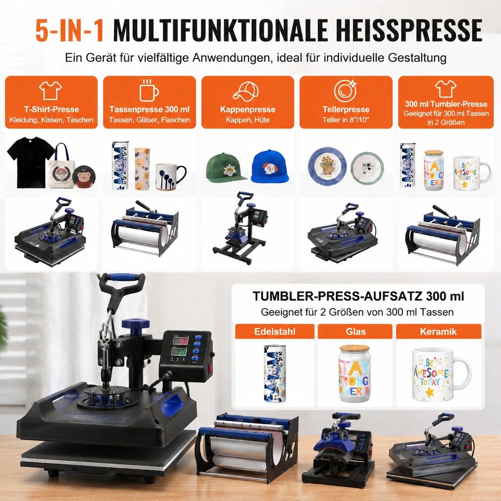 Hitzepresse 5 in 1, Schwarz Blau, Kunststoff und Aluminiumlegierung, für T-Shirts, Tassen, Hüte, Teller