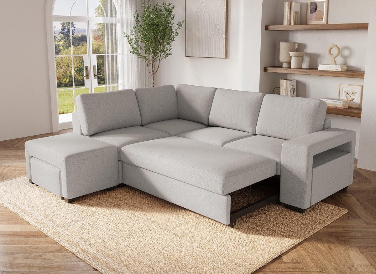 DecoInParis Canapé d'angle Convertible en Tissu Beige ALBAN - Angle Gauche