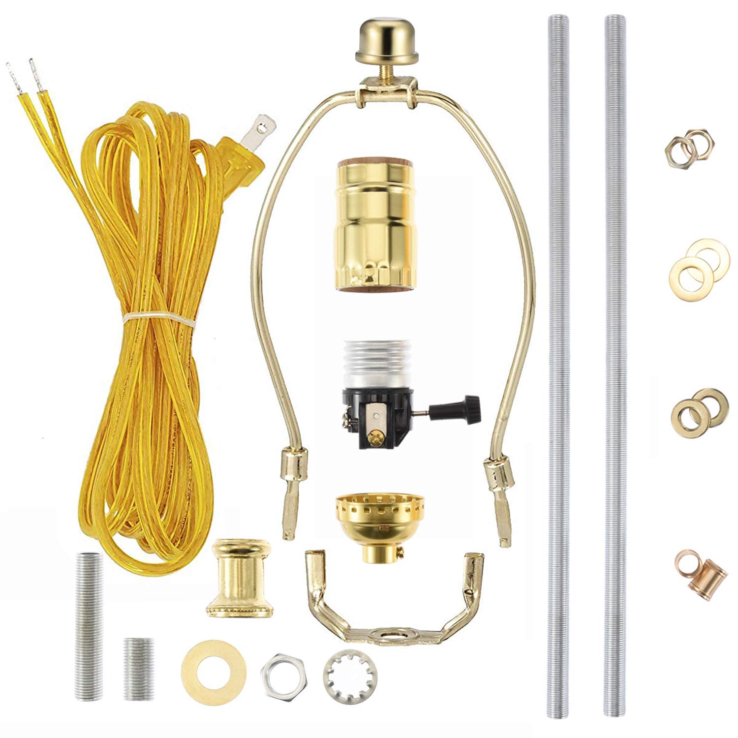 Canomo Brass Finish Lamp Rewire Kit with 8 Inch Harp, Lamp Pipe, 3 Way Socket and All Parts Needed and Instructions for DIY Lamp Rewire or Repair