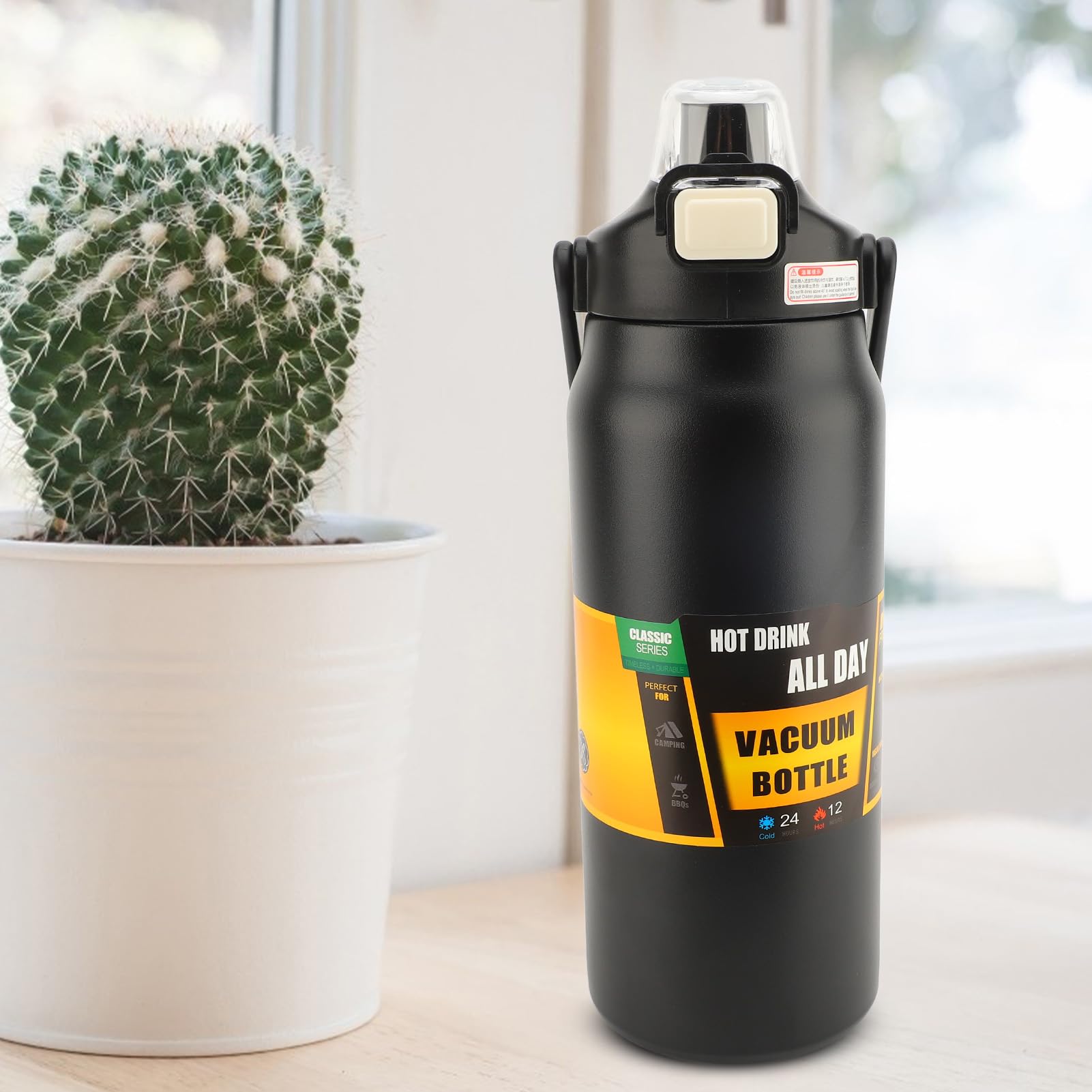 Bottiglia Termica Sottovuoto Termica Bottiglia d'acqua Isolata da 1500 Ml a Prova di Perdite con Cannuccia per i Viaggi (BLACK)