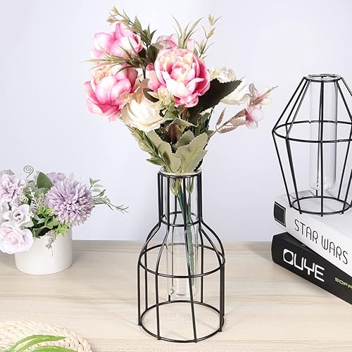 Miniatura 2 de BESPORTBLE Tubo de ensayo de vidrio para florero, centros de mesa de flores negras con marco de metal, jarrones decorativos de tubo de ensayo de