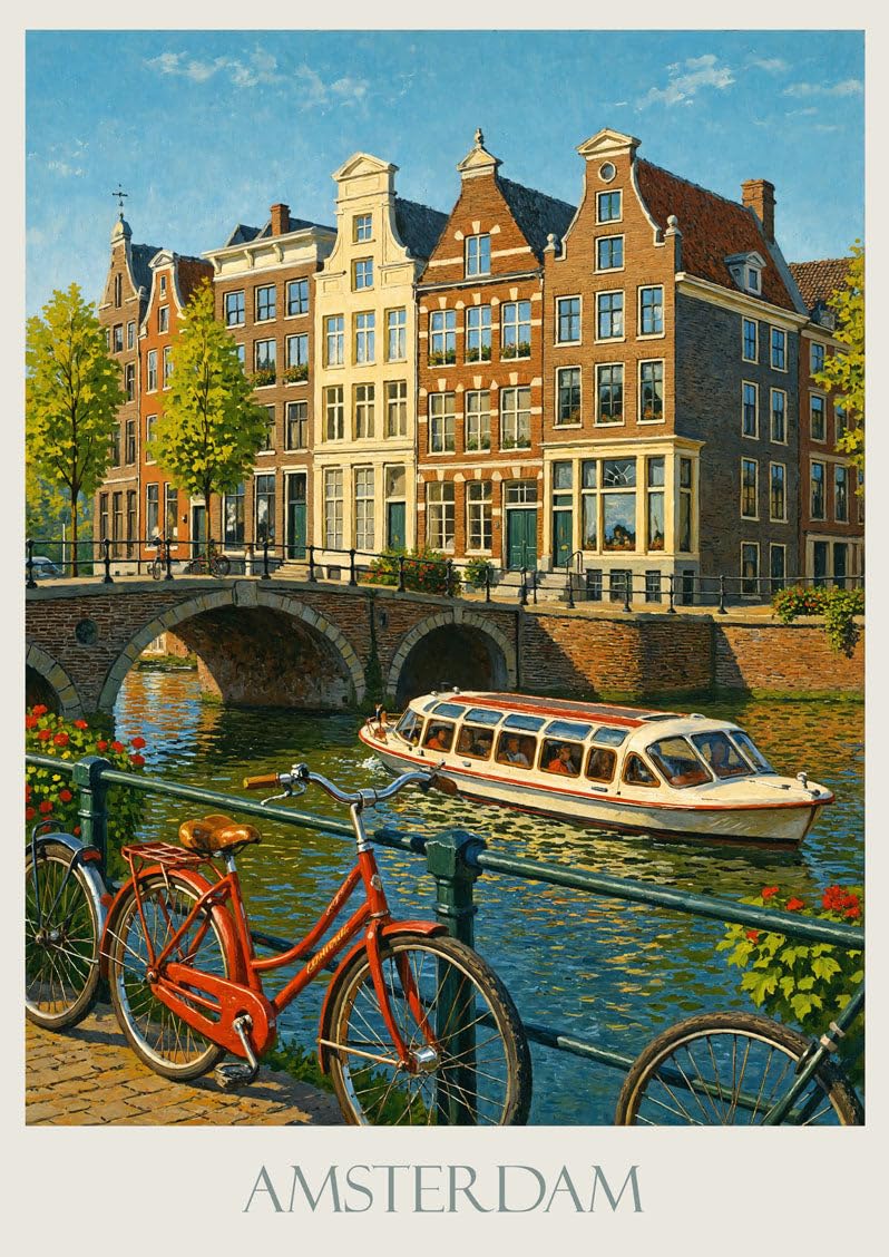 imapination Amsterdam Travel Print ~ Netherlands Poster | Painted Wall Art & Home Decor | Framed Vacation Gift (Unframed, A5 (15x21cm))