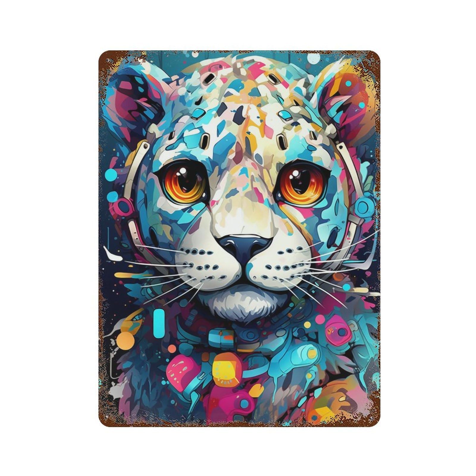 Vintage Rust Metal Sign Cyber Leopard Tech Fusion Art-1 15.7"x11.8", Old School Wall Decor for Office, Studio And Wall Decor