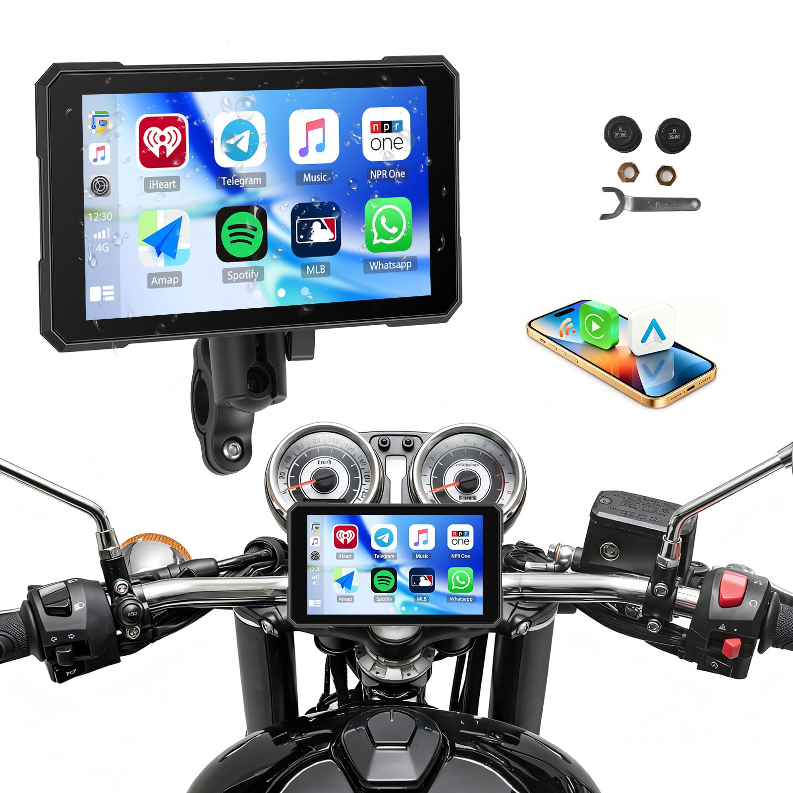 CAMECHO Motorrad CarPlay mit Dual-Kameras, 8.1“ Wireless CarPlay & Android Auto IPS68 Bildschirm, Motorrad navi Unterstützung Bluetooth/Mirror-Link/Bluetooth/EQ/Druckdetektion - 1