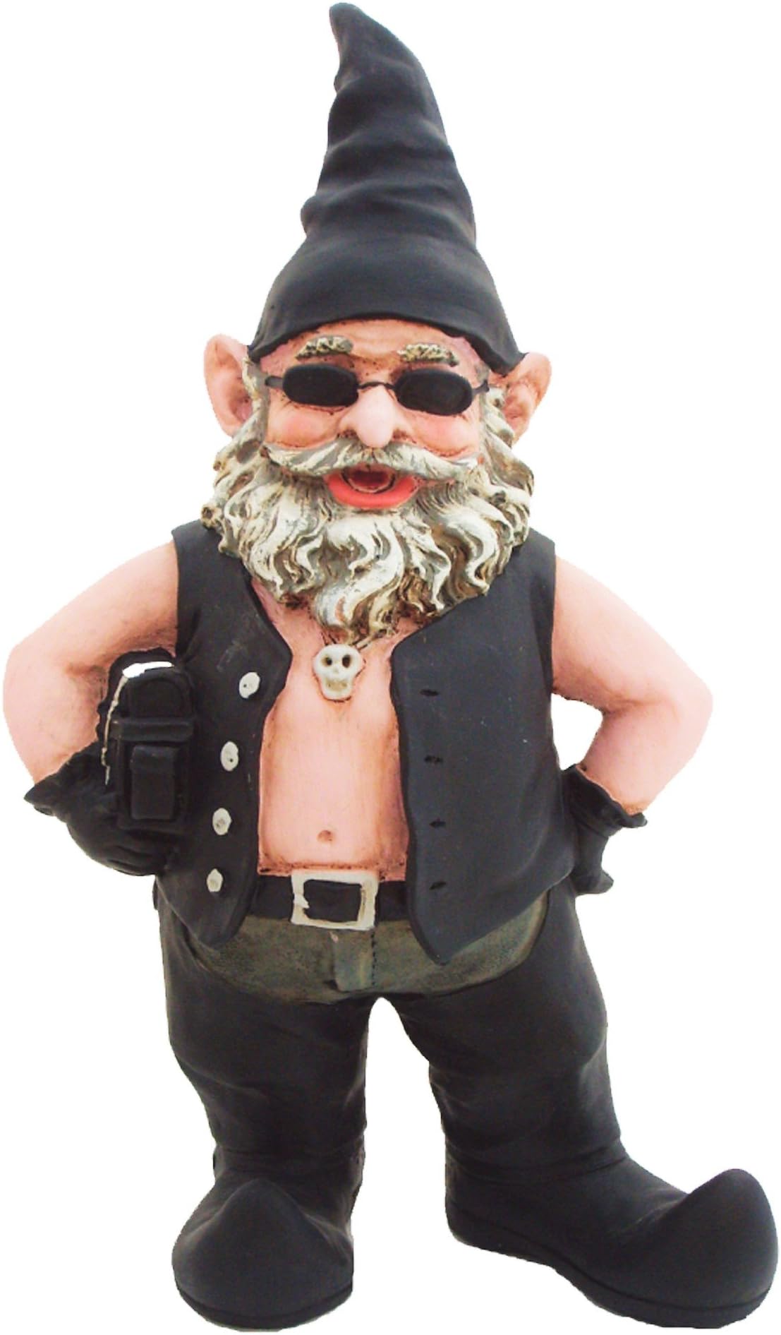 "Biker Dude The Biker Gnome in Leather Motorcycle Riding Gear Holding His Saddlebag Home & Garden Gnome Statue 14.5" H