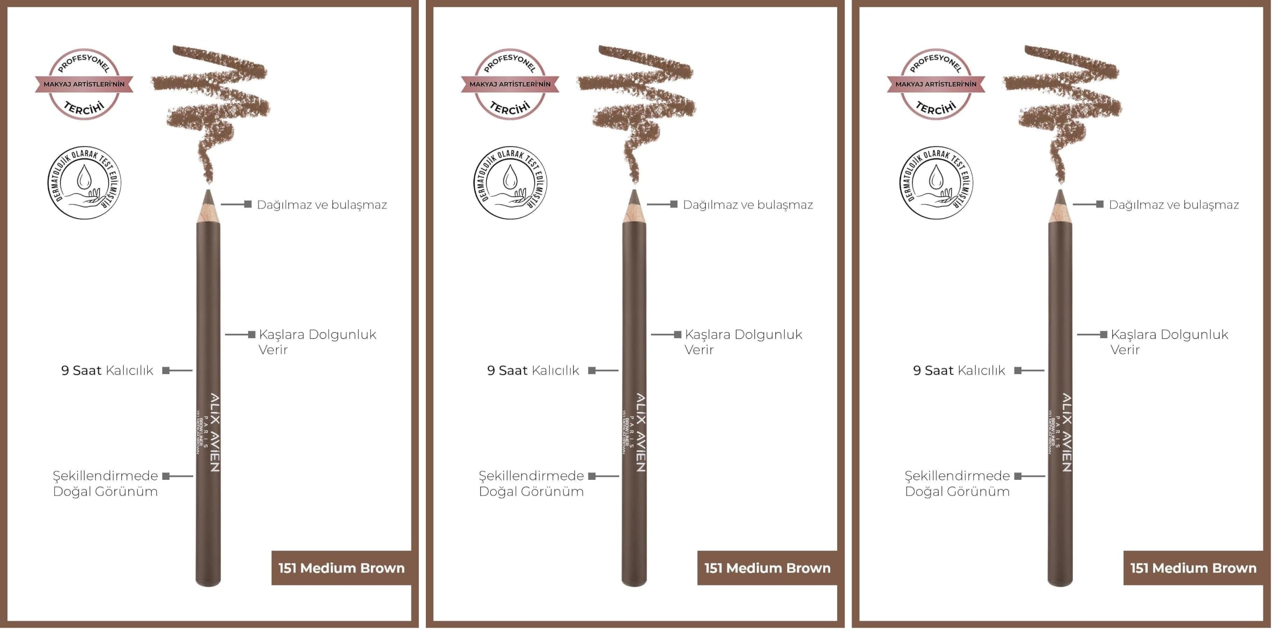 ALIX AVIEN Uzun Süre kalıcı, Belirginleştirici Şekillendirici Kahve Kaş Kalemi - Brow Liner 151 Medium Brown (3 paketi)