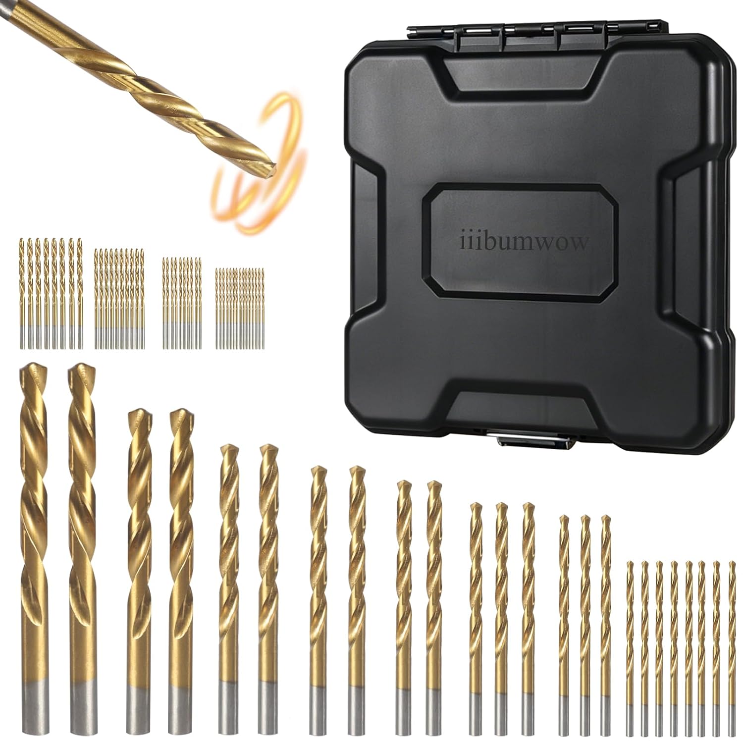 Titanium Coated Twist Drill Bits Set,1/16"-3/8",iiiBumwow Metal Drill,Ideal Drilling in Wood/Cast Iron/Aluminum Alloy/Plastic/Fiberglass, with Storage Box（99PCS）