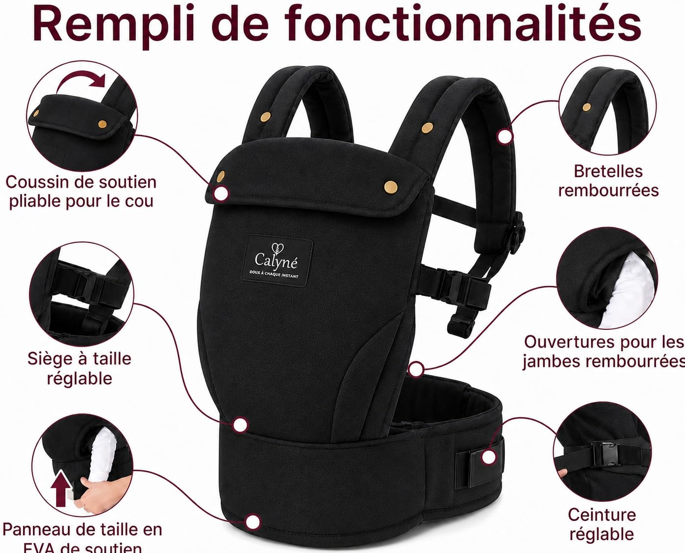 Porte-bébé Calyné, Pochette Biberon, Bretelles Croisées, Réglable 3 à 15 kg