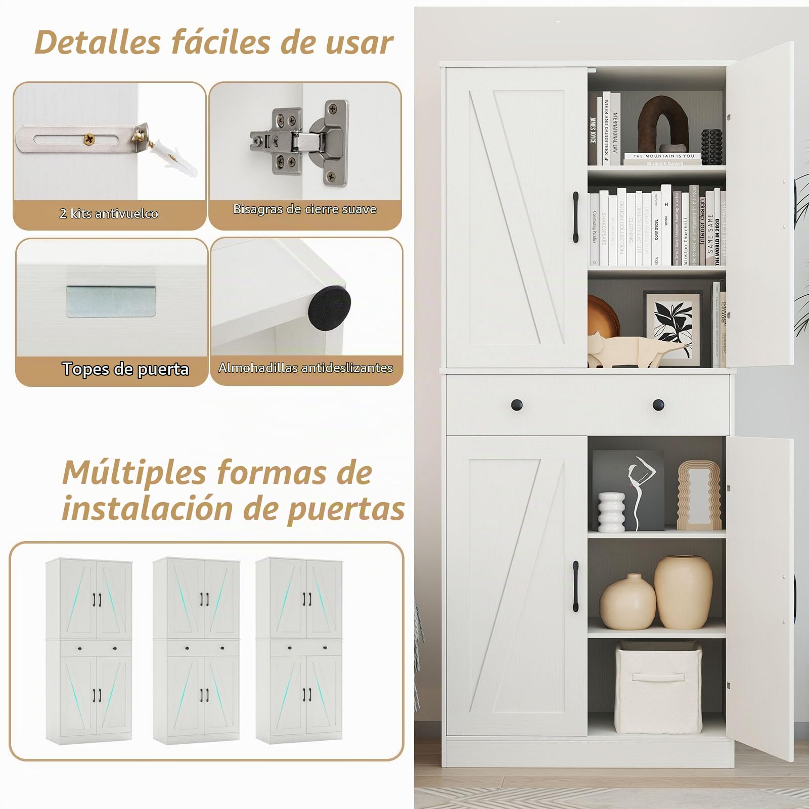 KOMFOTTEU Aparador de Cocina Alto, Armario Buffet con 4 Puertas, Cajón y 3 Estantes Ajustables en 5 Posiciones, Alacena de Almacenamiento con Dispositivo Antivuelco, 77 x 39 x 183 cm, Blanco