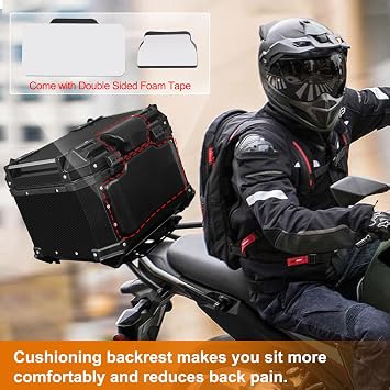 45L Carbon Style Universal Motorcycle Top Case | Waterproof Motorcycle Tail Box with Backrest & Back Cushion, Dual-key Storage Carrier Case, Aluminum Trunk Tour Tail Box
