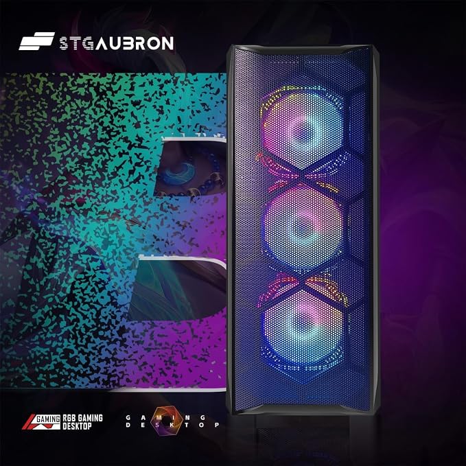 STGAubron Gaming PC Desktop, Intel Core i7 up to 3.9G, Radeon RX 580 8G, 16G RAM, 1T SSD, WiFi, BT 5.0, RGB Fan x6, RGB BT Sound bar & Headphone, Windows 11 Home