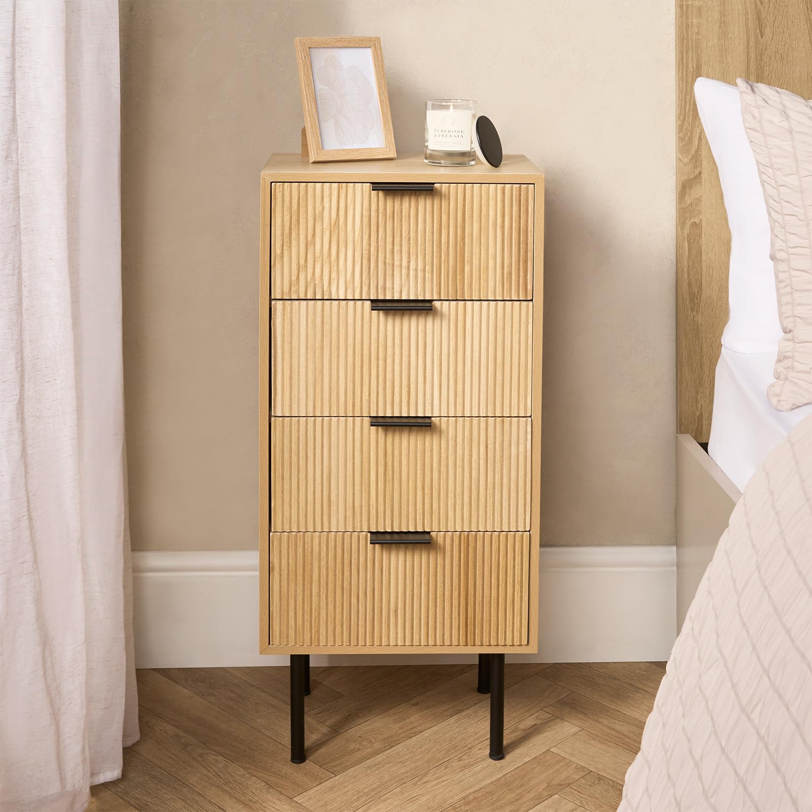 OHS Bedroom Bedside Table Ribbed 4 Drawer, Decorative Nightstand Wood Side Table Living Room Bedroom Storage Sleek Modern Bed Side Tables for Home - Natural, 78 x 36 x 24cm — image 1